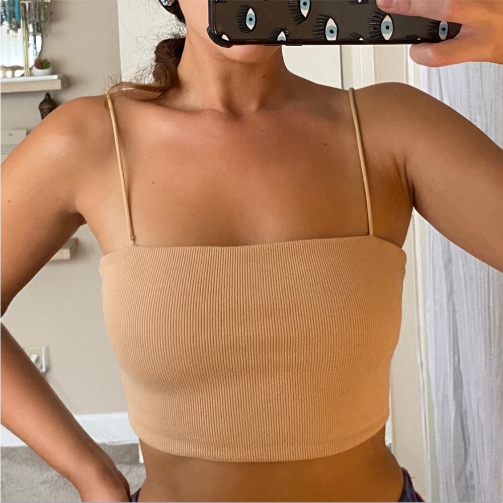 Ribbed Square-Neck Spaghetti Strap Crop Top Taupe Nude XS